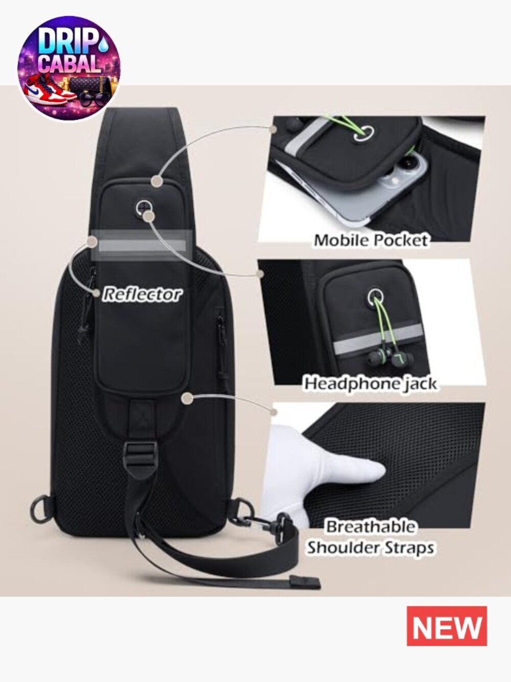Crossbody Sling Chest Daypack Water Resistant Nylon Shoulder Bag with USB Port - Picture 3 of 6